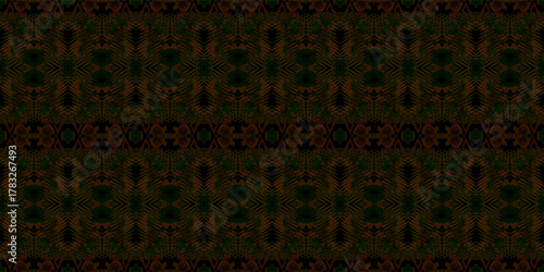 Dark Green and Brown Damask Style Elegant Wallpaper. seamless wall wallpaper. Dark Ethnic Tribal Pattern. Intricate African Geometric Background. Vintage Textile Design with Ornate Motif
