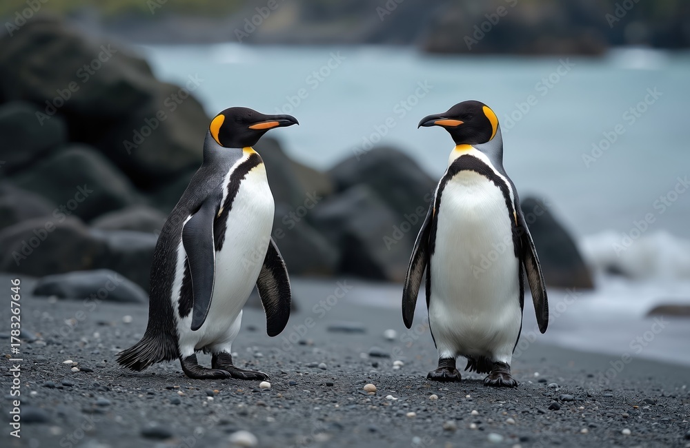 Obraz premium Two penguins stand close together on a beach. Birds face each other with black heads and backs. Yellow markings are visible. Sea waves softly crash. Calm nature scene.