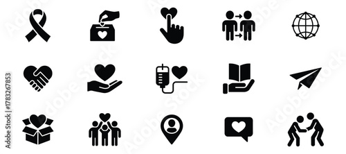 Charity and donation icons set, volunteering and helping hand concept
