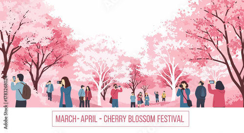 Diverse Group of People Celebrating Spring at Cherry Blossom Festival.