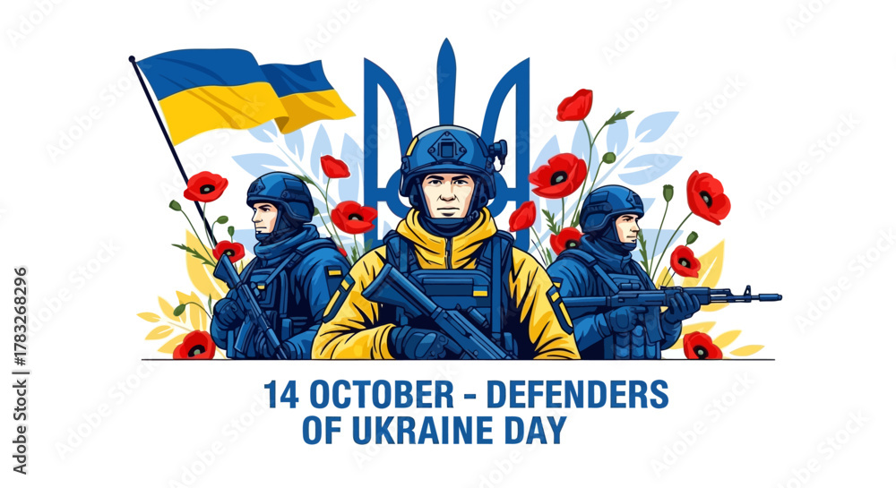 Fototapeta premium Three Ukrainian soldiers celebrating Defenders of Ukraine Day.