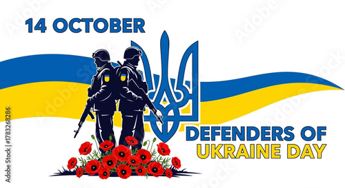 Defenders of Ukraine Day with soldier silhouettes and national symbols.