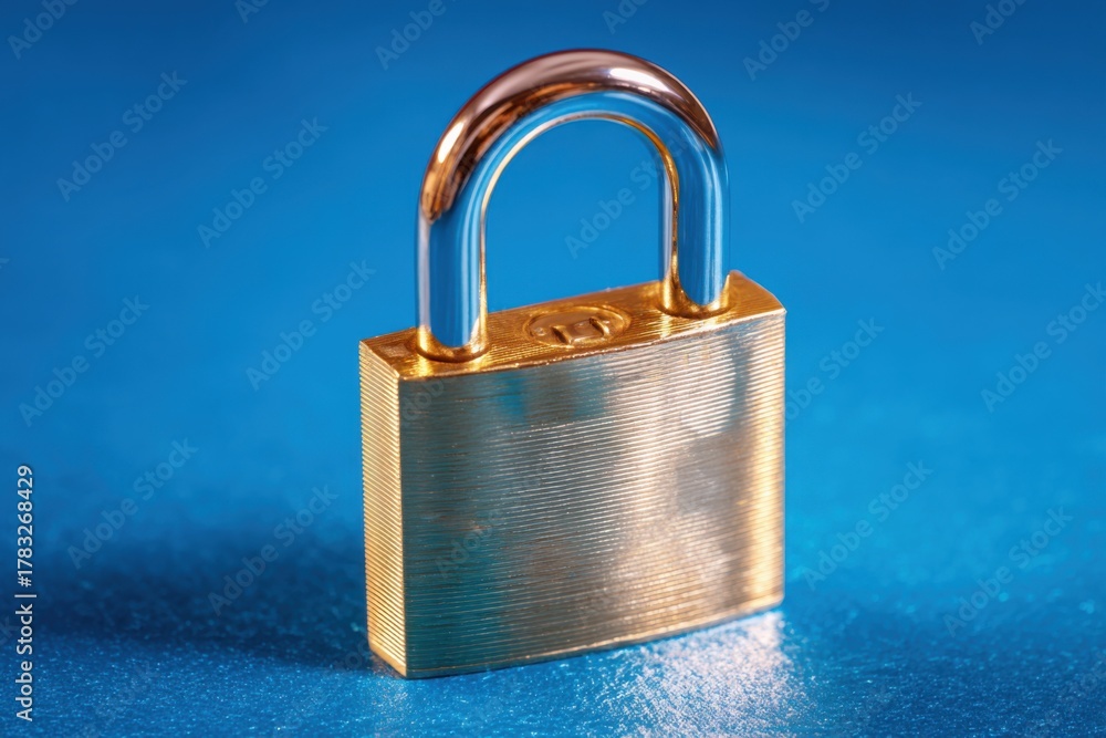 Fototapeta premium Golden padlock resting on vibrant blue surface symbolizes security and protection in a minimalist setting