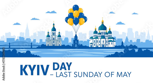 Kyiv Day celebration with balloons and city skyline.