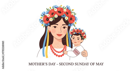 Mother and Child Celebrating Mothers Day with Floral Wreaths.