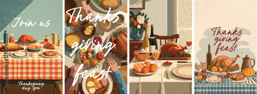 Retro thanksgiving feast artwork featuring roasted turkey pumpkins fruit wine and elegant vintage table decor