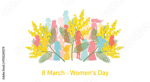 International Womens Day Celebration with Mimosa Flowers and Diverse Silhouettes.