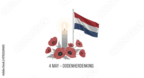 Dutch Remembrance Day Dodenherdenking with flag candles and poppies.