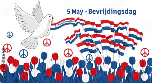 Dutch Liberation Day Celebration with Dove of Peace and Flags.