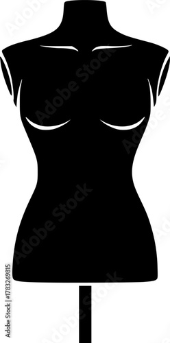 A simple illustration of a black mannequin torso on a stand