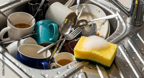 Dirty dishes piled in kitchen sink with sponge and water droplets  