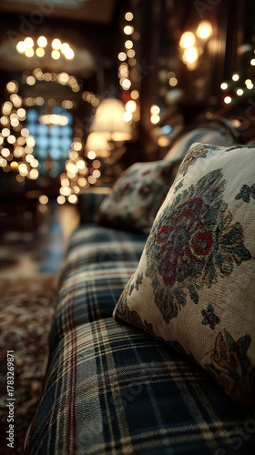 Cozy plaid sofa and pillows with warm bokeh lights in a luxurious room.
