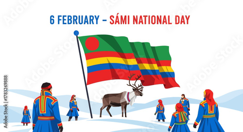 Sami National Day celebration with flag and reindeer in snow.