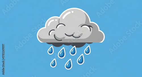 Cartoon rainy cloud vector illustration with cute face and raindrops for weather forecast and design asset