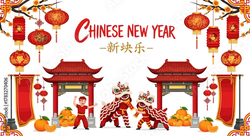 Chinese New Year Celebration with Lion Dance and Traditional Archways.