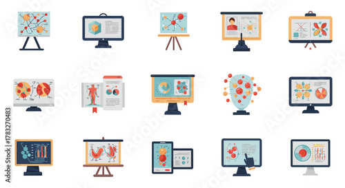 Flat style infographic presentation and data visualization icons for modern reports