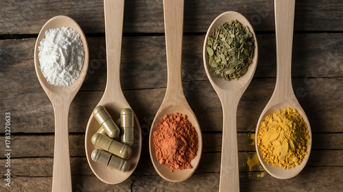 Herbal supplement assortment on wooden spoons