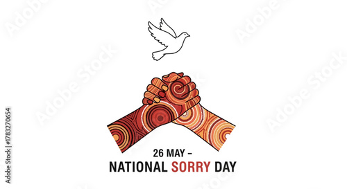 National Sorry Day reconciliation hands and dove illustration.