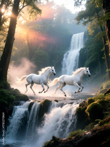 Water fall landscape with horse