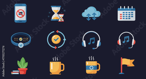 Modern flat design icons set featuring technology, time management, and music elements