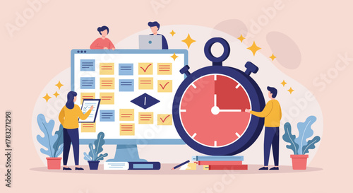 Teamwork and time management concept with people, computer, and stopwatch