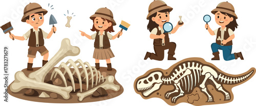 Cartoon kids excavating fossils, dinosaur skeleton discovery, paleontology exploration, archaeology teamwork, educational science illustration, prehistoric bones, vector art,