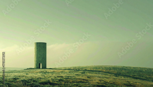 Concrete tower stands alone on a grassy hill under a serene, green sky.