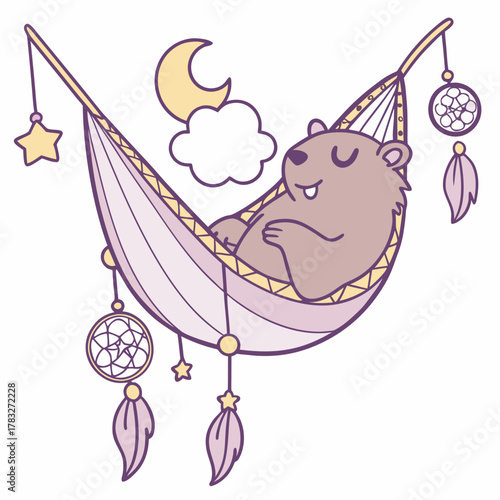 Cute SVG of a Joyful Capybara in Dreamland colors, featuring in a hammock in a Fantasy dream setting