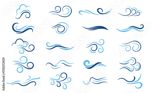 Water Wave Wind Air Swirl Icons Hand Drawn Doodle Vector Set