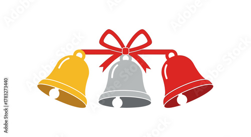 Festive Holiday Bells Ringing in Cheer with Red Ribbon, Perfect for Christmas Greetings and Seasonal Celebrations, Originally a Scalable Vector Graphic