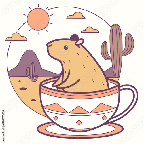 Delightful Peaceful Capybara in a Desert sunset scene with in a teacup – Sundown Glow vector illustration
