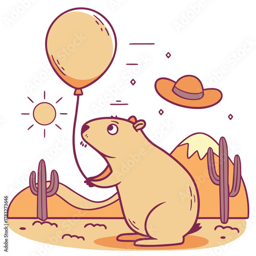 Sundown Glow themed SVG: Surprised Capybara with with a balloon in a Desert sunset environment