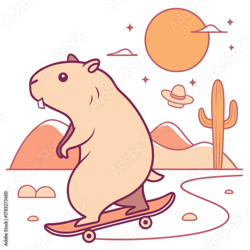 A Content Capybara with riding a skateboard in a Desert sunset theme – Sundown Glow palette SVG illustration