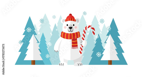 Adorable polar bear wearing a festive scarf and hat holding a candy cane in a snowy winter forest, perfect for holiday greetings and festive projects
