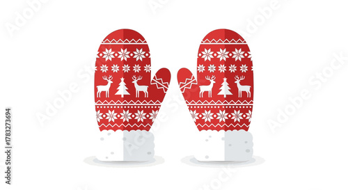 Festive Christmas Mittens with Reindeer and Snowflake Pattern to Keep Warm During Winter Holiday Celebrations, originally a scalable vector graphic