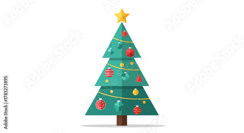 Festive Green Christmas Tree Icon with Ornaments, Star, and String Lights, Holiday Season