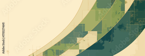 Abstract geometric shapes in muted green and beige tones create a modern and sophisticated background.