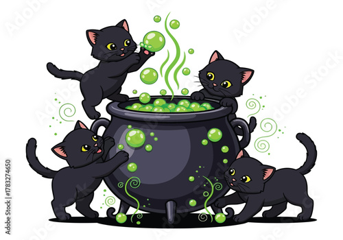 Four cute black kittens playfully brewing a magical green potion in a large witch's cauldron.