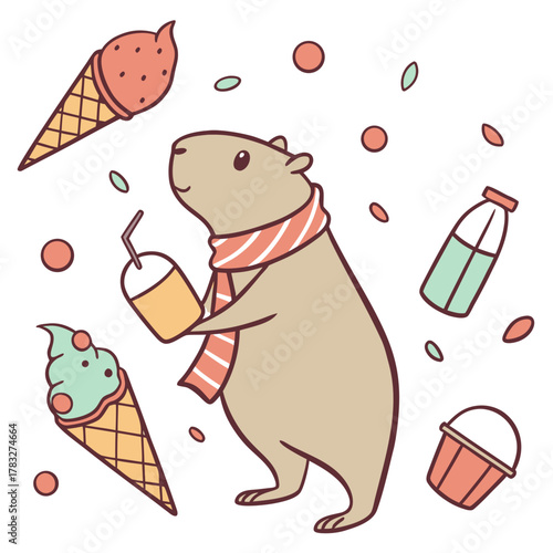 Cute Curious Capybara, accessorized with with a scarf, in a Ice cream party world – Scoops & Swirls palette vector