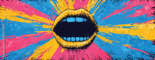 Explosive burst of vibrant colors emanates from an open mouth, symbolizing expression and communication.