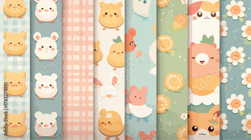 Charming seamless patterns featuring adorable cartoon animals and floral motifs in pastel colors.