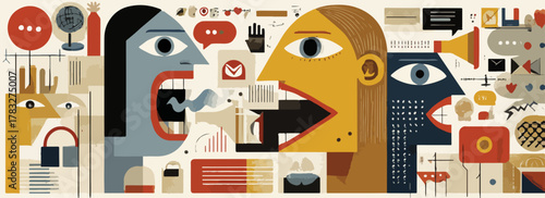 An abstract vector illustration depicting the complex and often chaotic nature of modern communication, debate, and information exchange.