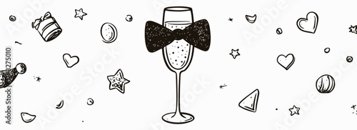 A stylish hand-drawn vector illustration capturing the essence of celebration with a champagne glass, bow tie, and scattered festive elements.