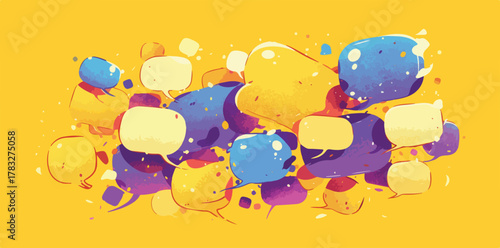 A vibrant, abstract vector illustration featuring a dynamic cluster of colorful speech bubbles, symbolizing lively communication and diverse ideas on a yellow backdrop.