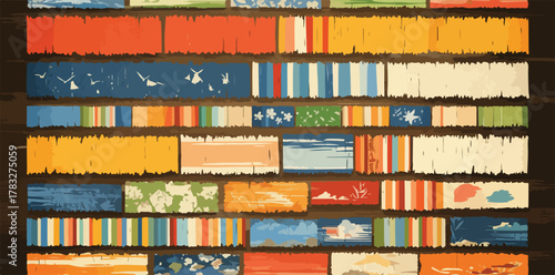 A vibrant and eclectic vector collage features an array of patterned and illustrated rectangular elements, creating a rustic and vintage aesthetic perfect for diverse design projects.