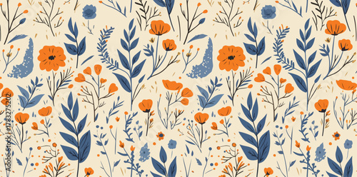 A whimsical and rustic vector pattern featuring charming orange flowers and elegant blue foliage on a light cream background, perfect for textiles and decor.