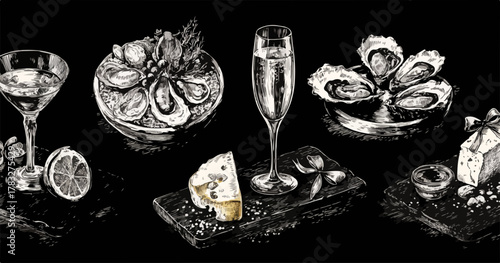 An elegant vector illustration set featuring gourmet food and drinks like oysters, champagne, and cheese, perfect for luxury dining menus.