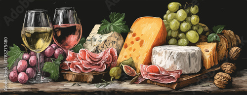 A delightful vector illustration showcasing a rich assortment of gourmet cheeses, cured meats, fresh grapes, and fine wines, perfect for an elegant social gathering.