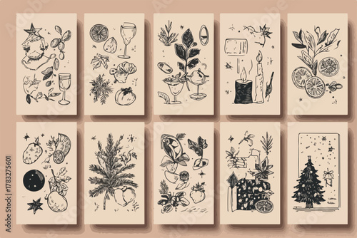 These charming hand-drawn vector illustrations feature a delightful collection of botanical elements, food, and festive objects, perfect for rustic designs.