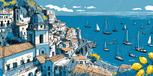 A vibrant vector illustration captures a charming Italian coastal town, showcasing traditional architecture and sailboats on the blue Mediterranean Sea.